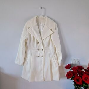 Cream Double Breasted Trench Coat Jacket Lined Classic Womens Size Large